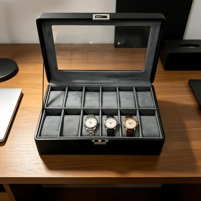 Boîte à montres en cuir de luxe à 12 emplacements avec serrure, ensemble de 4 présentoirs à montres haut de gamme + coffret à bijoux pour bracelets pour hommes