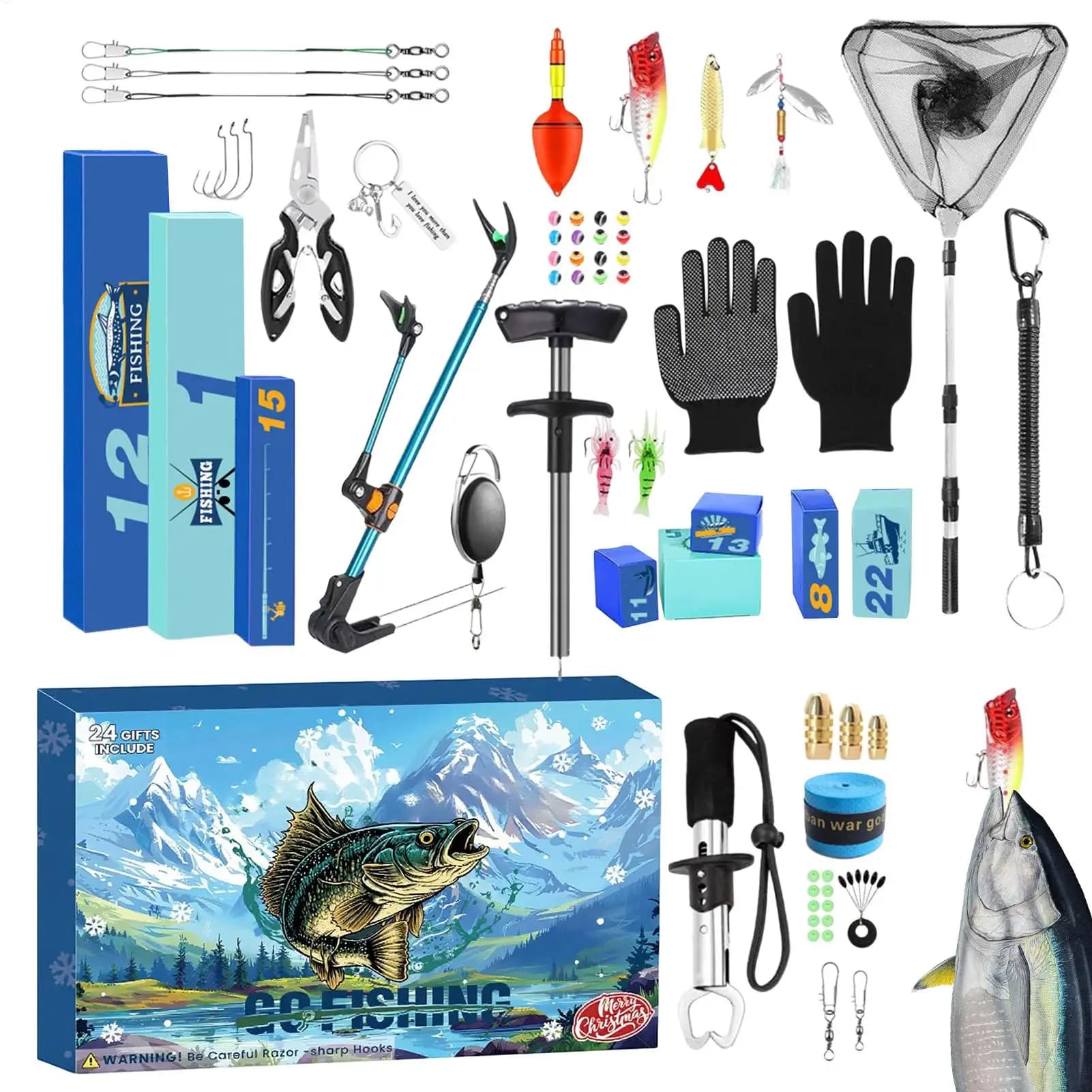 Calendrier de l'Avent de pêche 2025, boîte de compte à rebours de noël de 24 jours avec accessoires de pêche, porte-canne, pince à lèvres, cadeau pour papa et mari
