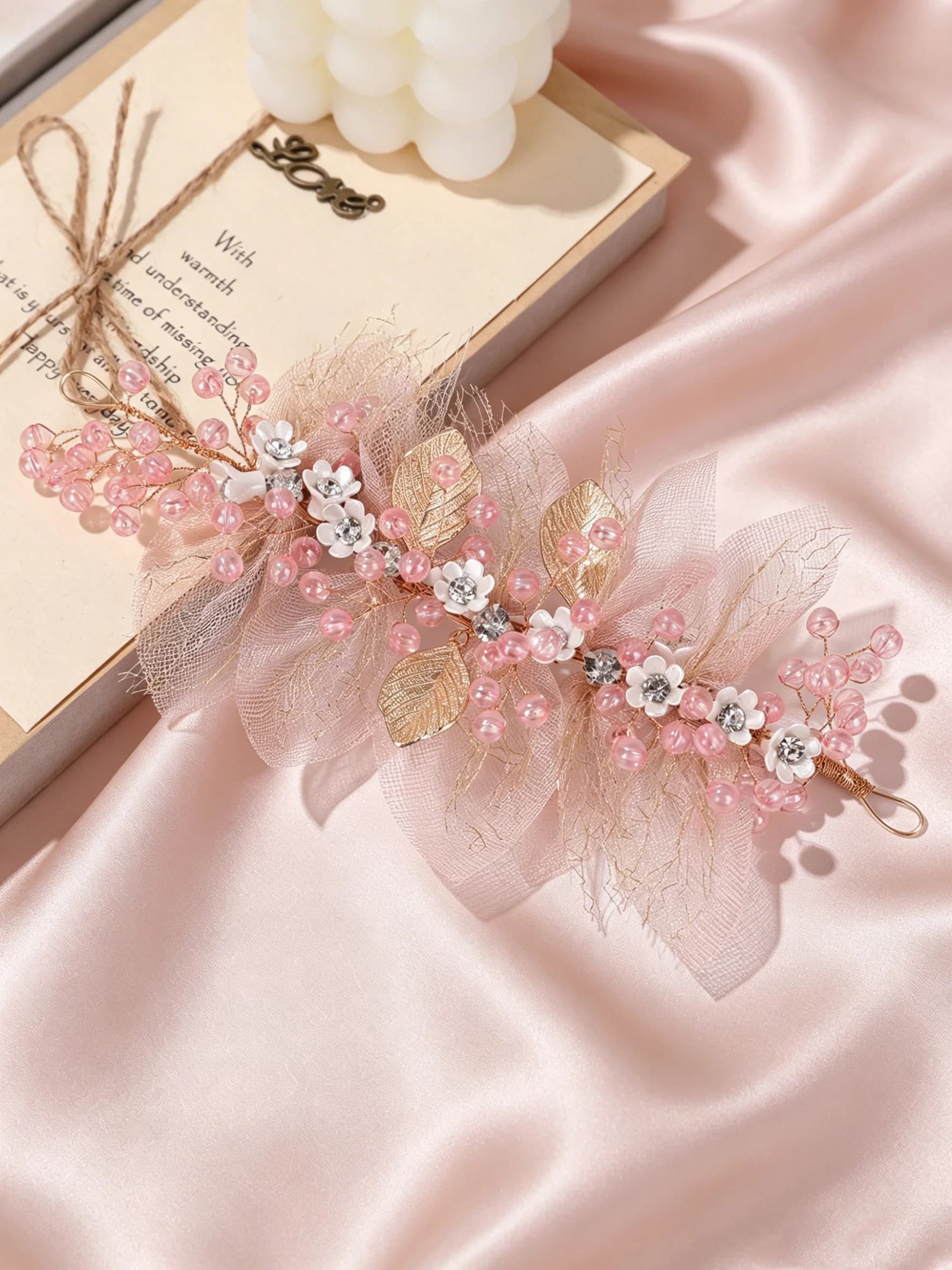 Serre-tête de mariée en perles, chaîne de cheveux, accessoire capillaire en tulle rose, serre-tête en perles pour filles, accessoire capillaire de performance
