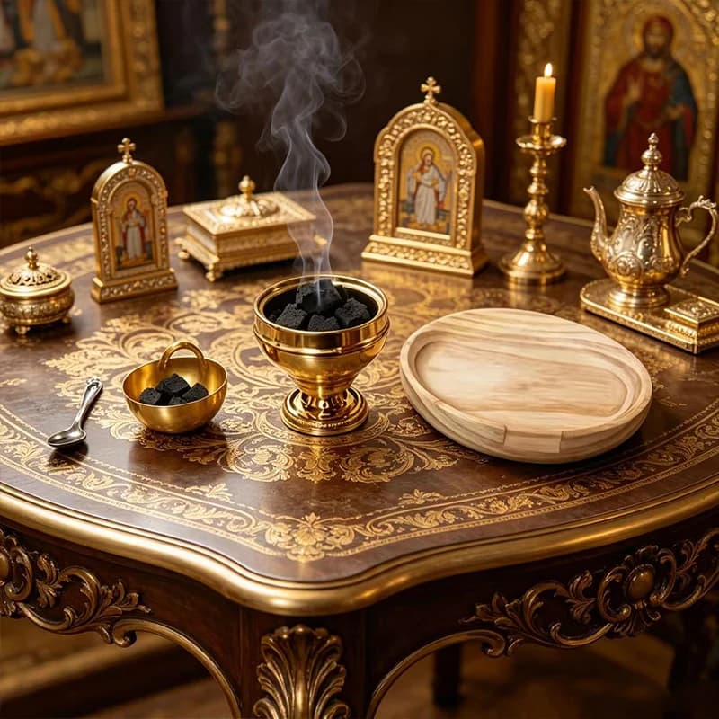 Cadeau chrétien religieux, ensemble d'autel orthodoxe, récipient à huile sacrée en métal doré, cuillère, plateau en bois, fournitures pour prêtre d'église, décoration de la maison