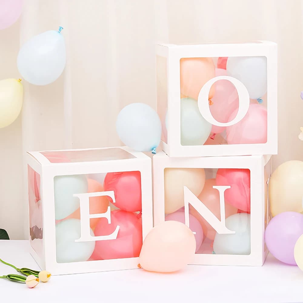 Boîtes à ballons transparentes de 25cm + une lettres, décoration de fête de baptême pour 1er anniversaire, boîte cadeau, décor de réception-cadeau pour bébé, 6 pièces/ensemble