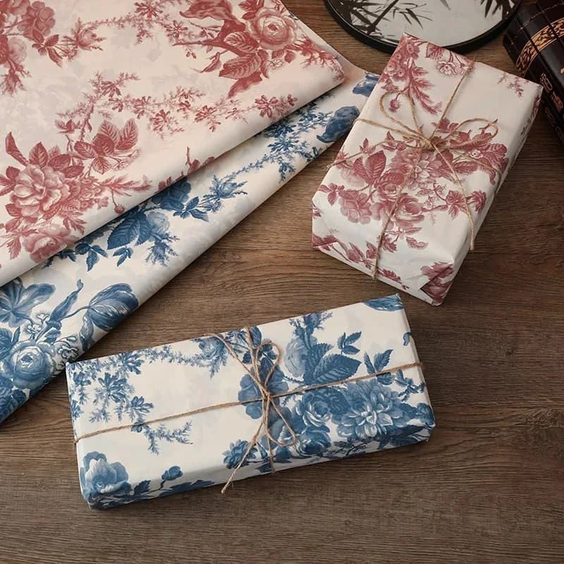 Papier d'emballage cadeau à motif bleu et blanc pivoine, papier poire de neige, papier d'emballage Premium de Style Instagram, accessoires et fleurs