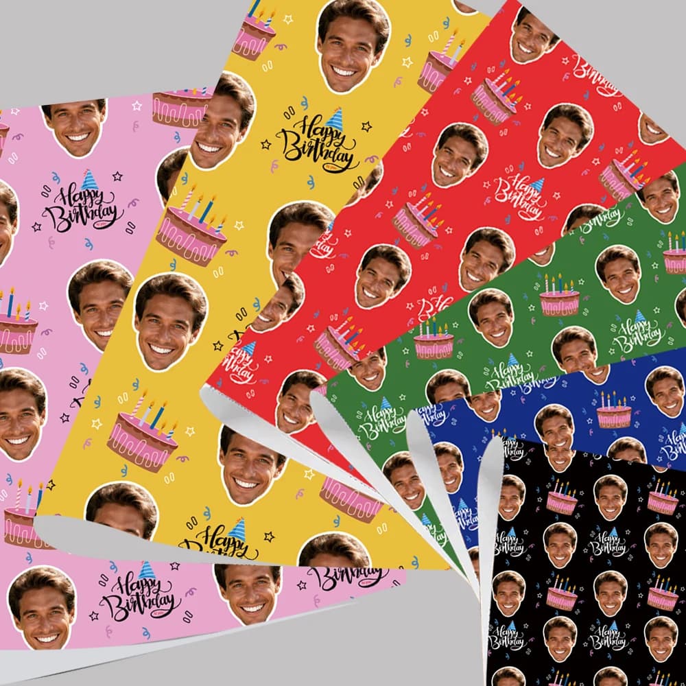Papier d'emballage facial personnalisé pour anniversaire, fournitures d'emballage sur le thème du joyeux anniversaire, fournitures d'emballage pour cadeaux de fête