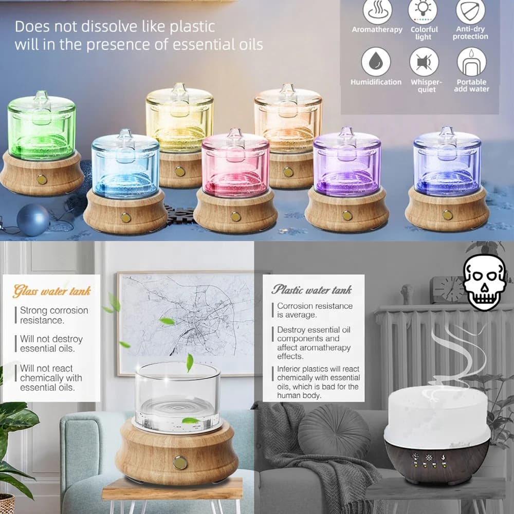 Diffuseur d'huile essentielle en verre, humidificateur sans eau, arrêt automatique des couleurs, lumières, diffuseurs d'arômes pour chambre à coucher, maison, cadeau de Yoga, 80ML