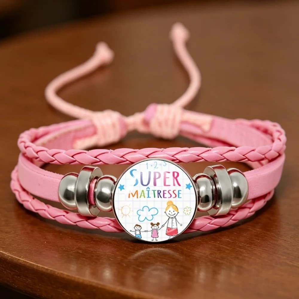 Bracelet en cuir rose fait main avec breloque cabochon en verre