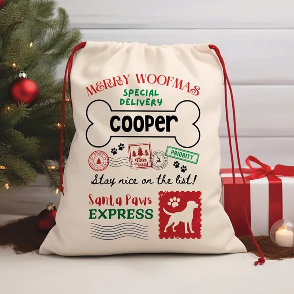 Sac cadeau de Noël personnalisé pour chien Joyeux Woofmas Santa Paws Express Nouvel An Cadeau pour animaux de compagnie Accessoire de vacances d'hiver Restez agréable sur la liste