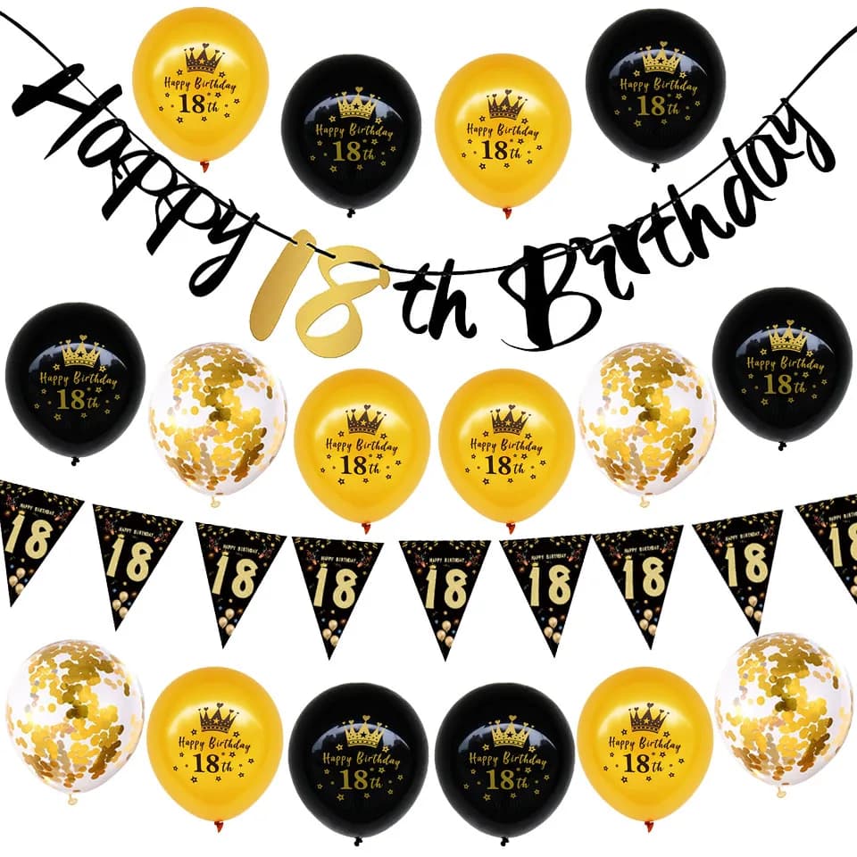 Bannière suspendue pour décorations de 18e anniversaire, noir et or, ballons joyeux anniversaire pour garçons et filles, fournitures de fête pour 18 ans