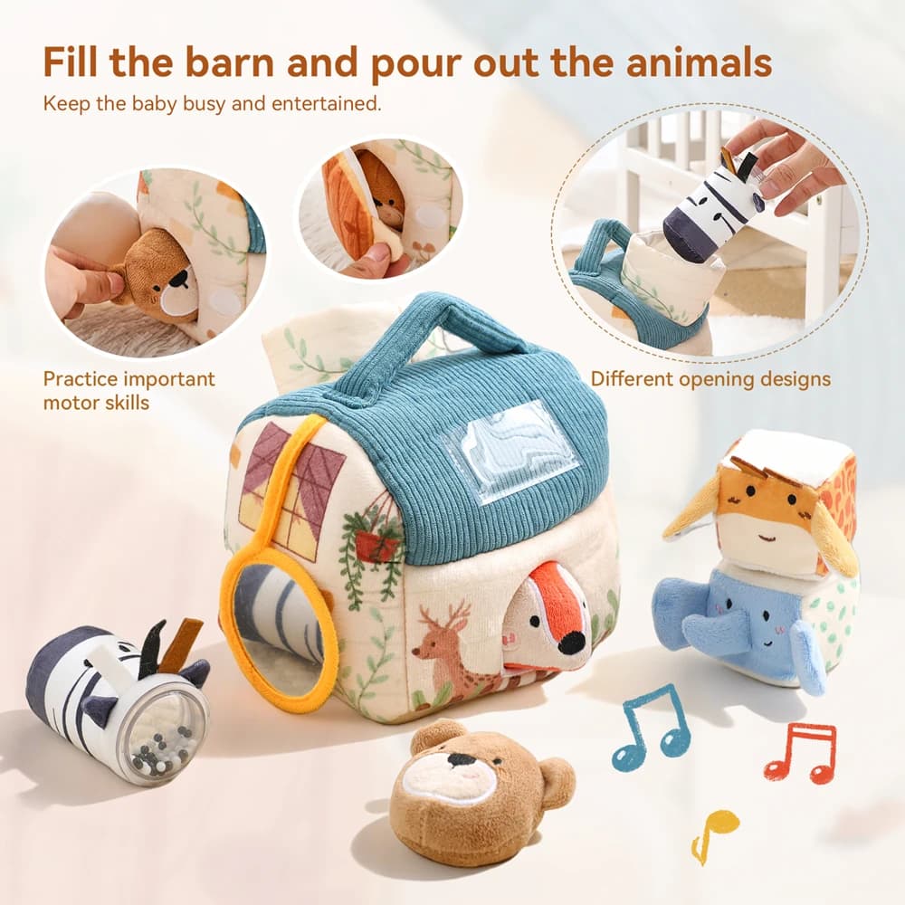 Jouets sensoriels musicaux pour bébés 0-6 mois, animaux de la ferme doux, boîte magique pour développer la précision des doigts