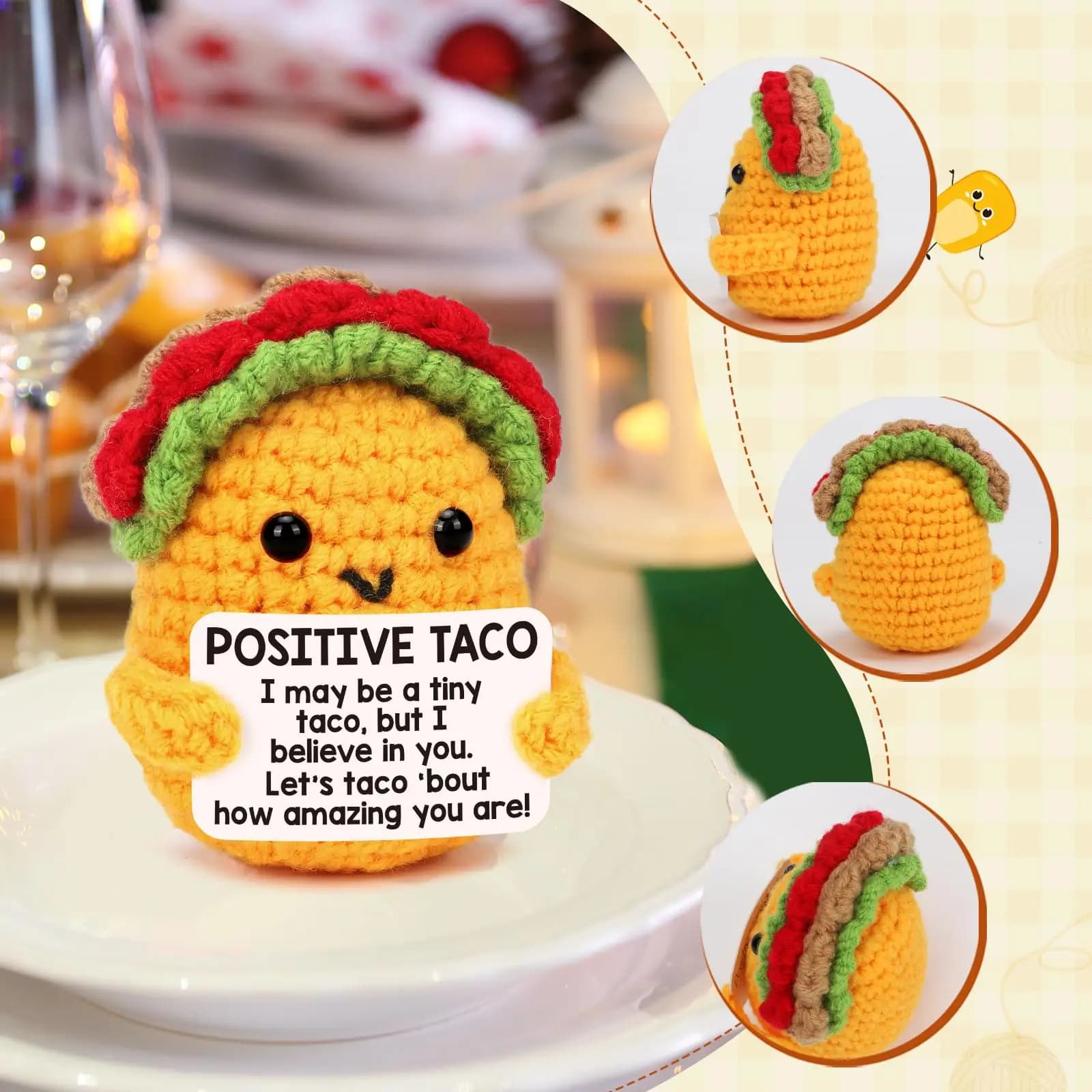 Mini Positive Crochet Taco Support émotionnel Noël Petit cadeau pour femme Cadeau d’anniversaire, Crochet tricoté à la main Animal Bas de Noël Créatif Mignon Taco Décoration de bureau
