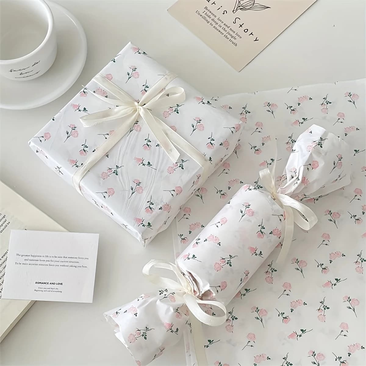 20 feuilles de papier cadeau floral magnifique avec ruban, emballage cadeau DIY pour bouquet, pour anniversaire, Saint-Valentin, fête