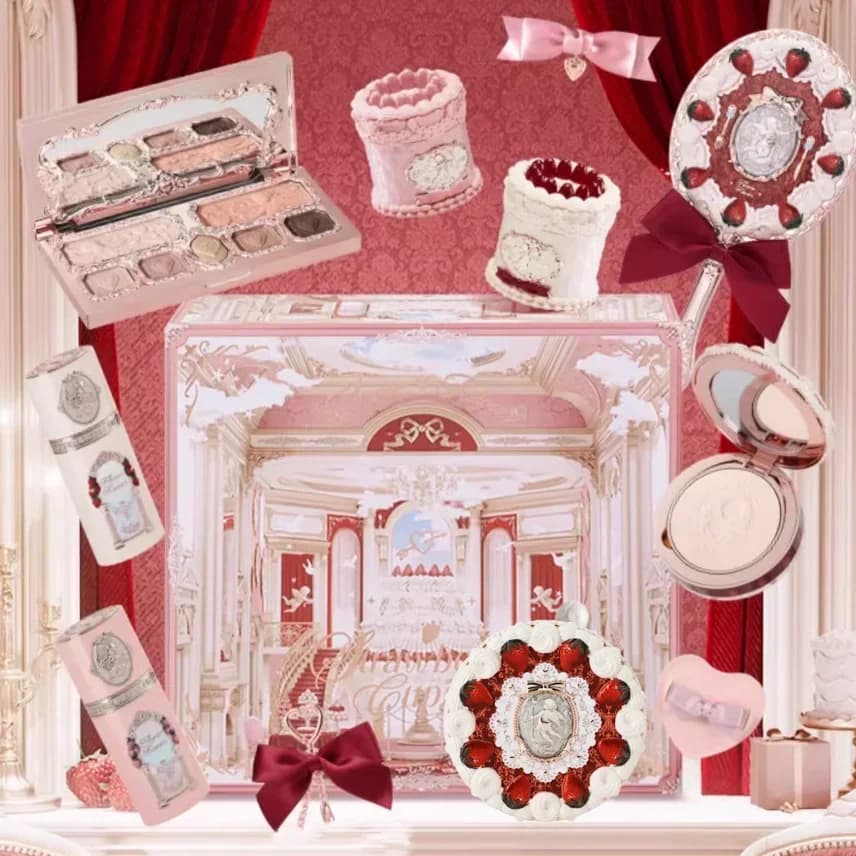Collection Flower Know Strawberry Cupid Box : Coffret de maquillage complet, palette, poudre pressée, blush, rouge à lèvres, boîte mystère