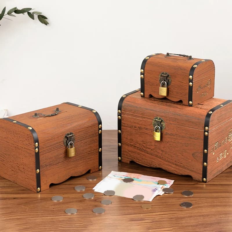 1 ensemble de boîte de rangement de trésors Vintage, coffre au trésor en bois avec serrure, tirelire, organisateur, boîte d'épargne pour la décoration de la maison