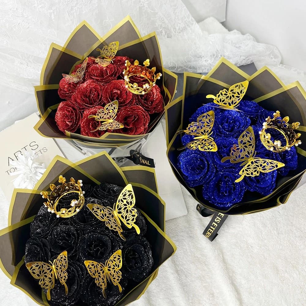Bouquet de roses scintillantes de luxe avec couronne et papillon – Cadeau de fleurs artificielles pour la fête des mères, anniversaire, fête des mères