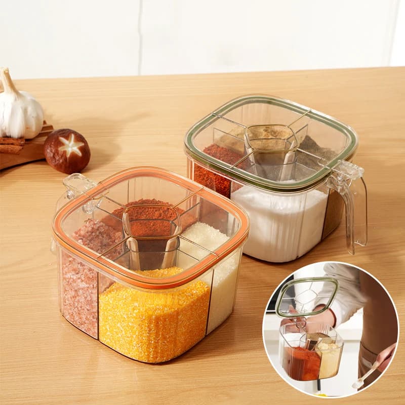 Boîte à épices 4 compartiments avec couvercle transparent – Pot à sel, poivre, poudre de chili, sucre – Récipient de rangement pour condiments – Gadgets de cuisine
