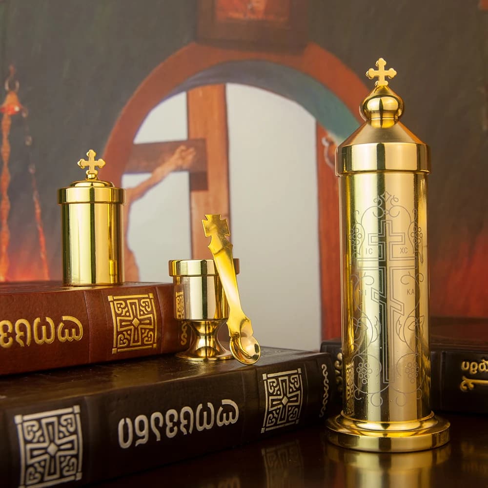 Ensemble de communion orthodoxe plaqué or avec cuillère et coupelles pour la liturgie, proskomédia, fournitures d'église, cadeau de dévotion religieuse