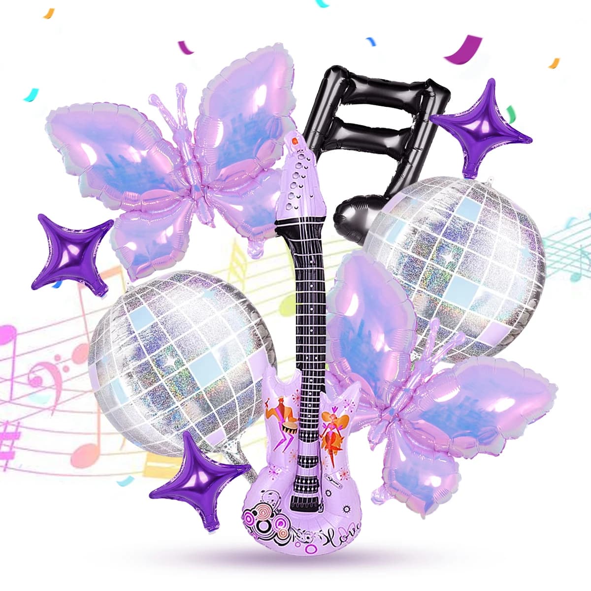 Ballons de fête sur le thème de la musique des années 80 et 90, ballon disco, ballon salariés, papillon violet, fête d'anniversaire disco, thème rock, 9 pièces