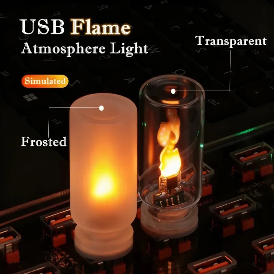 Lampe de nuit LED USB à flamme vacillante en verre dépoli transparent, effet flamme simulée pour voiture, maison, chambre, ordinateur portable, PC, décoration de festival