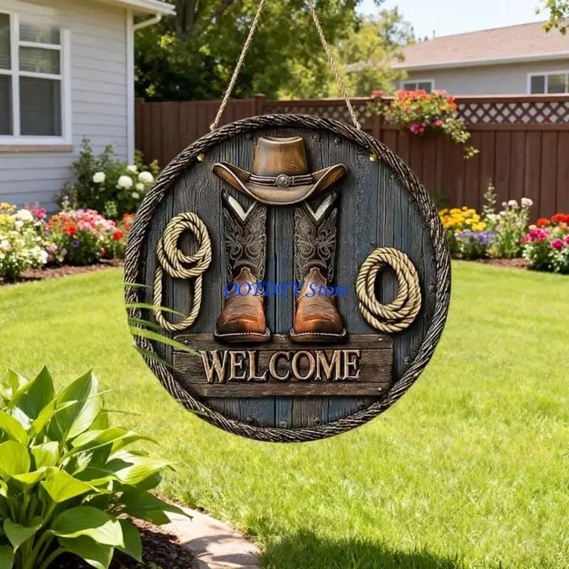Panneau bienvenue en bois 367A, avec chapeau cowboy, décoration pour l'entrée maison, le jardin cour