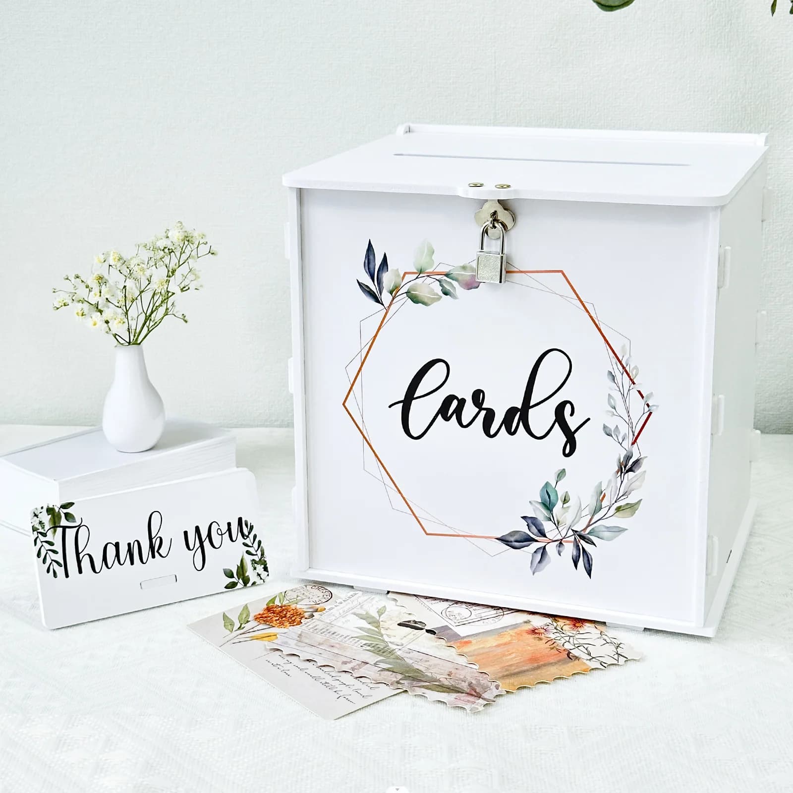 Boîte à cartes de mariage blanche avec serrure, boîte à cartes cadeaux en PVC pour réception de mariage, boîte à enveloppes et cartes d'argent DIY en eucalyptus pour mariage