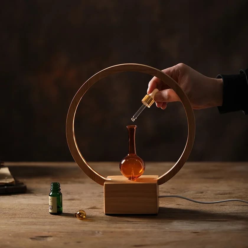 Diffuseur d'huiles essentielles avec Base en bois et diffuseur d'arôme nébulisant en verre avec lumière LED chaude pour parfum de salle de bureau à domicile
