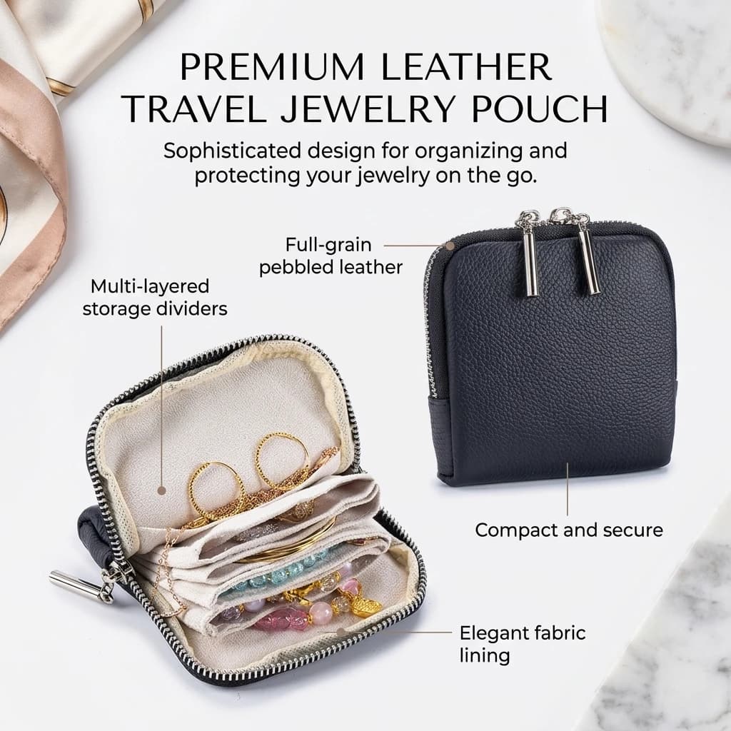 Sac organisateur de bijoux en cuir PU avec design à plusieurs niveaux pour bagues, bracelets, pochette de rangement compacte pour voyage pour femmes