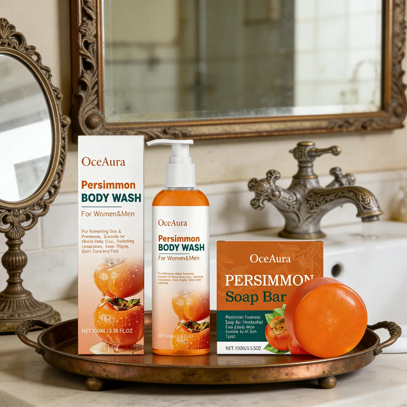 Ensemble de gel douche OceAura Persimmon, mousse riche, adoucit la peau, nettoyage en profondeur, parfum longue durée, extraits de fruits naturels, savon en barre