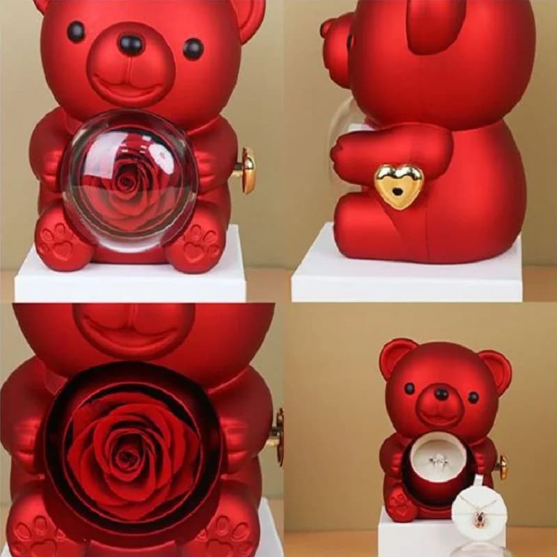 Boîte à bijoux rotative en forme d'ours Rose, coffret cadeau de fleurs éternelles pour fille, fête des mères, saint-valentin, cadeau de noël, nouvelle collection