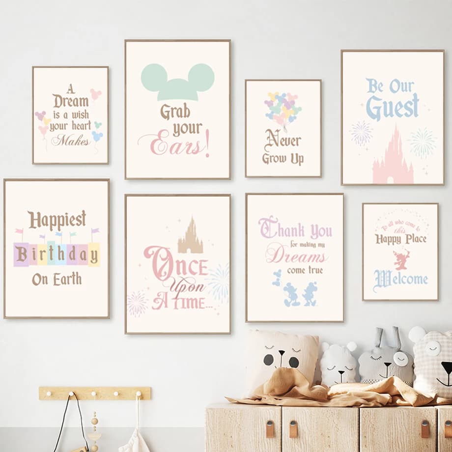Disneyland – imprimés artistiques pour fête d'anniversaire, affiches minimalistes, ballon de château Mickey, peinture sur toile, décor de fête prénatale