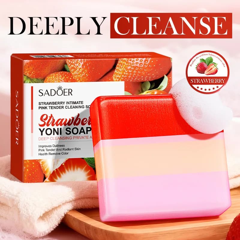 Savon Yoni apaisant pH Balance 100g – Parfum de fraise doux, nettoyage quotidien doux avec filet en mousse pour peaux sensibles