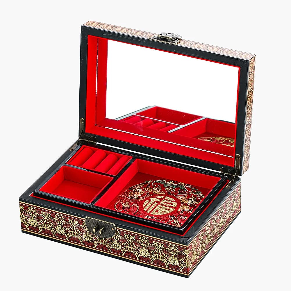 Boîte de rangement rétro chinoise en bois, boîte à bijoux de fête imprimée, étui à bijoux d'ornement, emballage de cadeaux de mariage, évaluation de la maison, artisanat