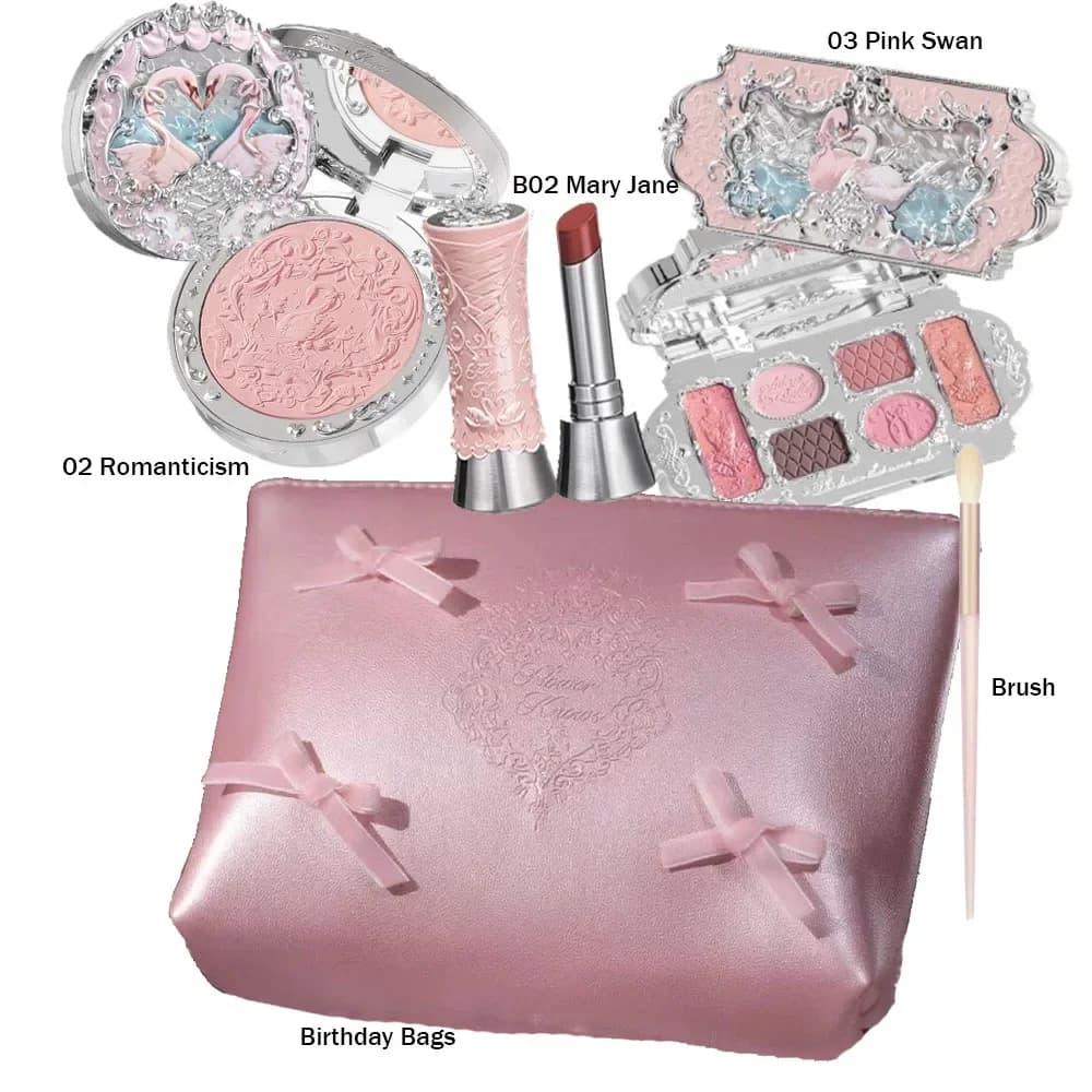 Kit Maquillage Flower Knows Série Coquillage Perle : Palette de Fards à Paupières Six Couleurs, Blush Gaufré, Rouge à Lèvres Brillant avec Sac – Tout Inclus