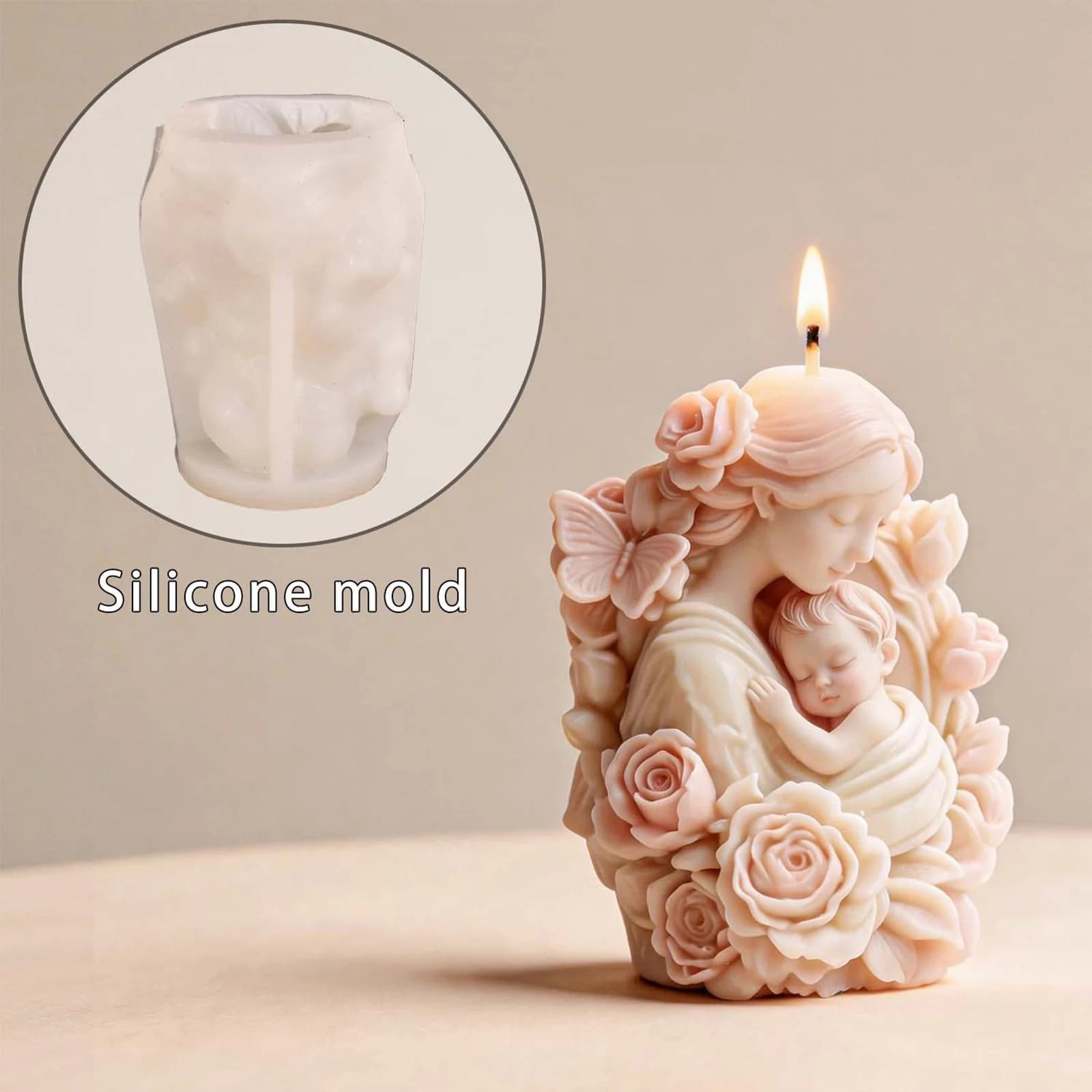 Moule à bougie cylindrique en silicone pour la Fête des Mères, non toxique, esthétique, pour bougies parfumées faites à la main, motif enfant fleur, pour accessoire photo de table