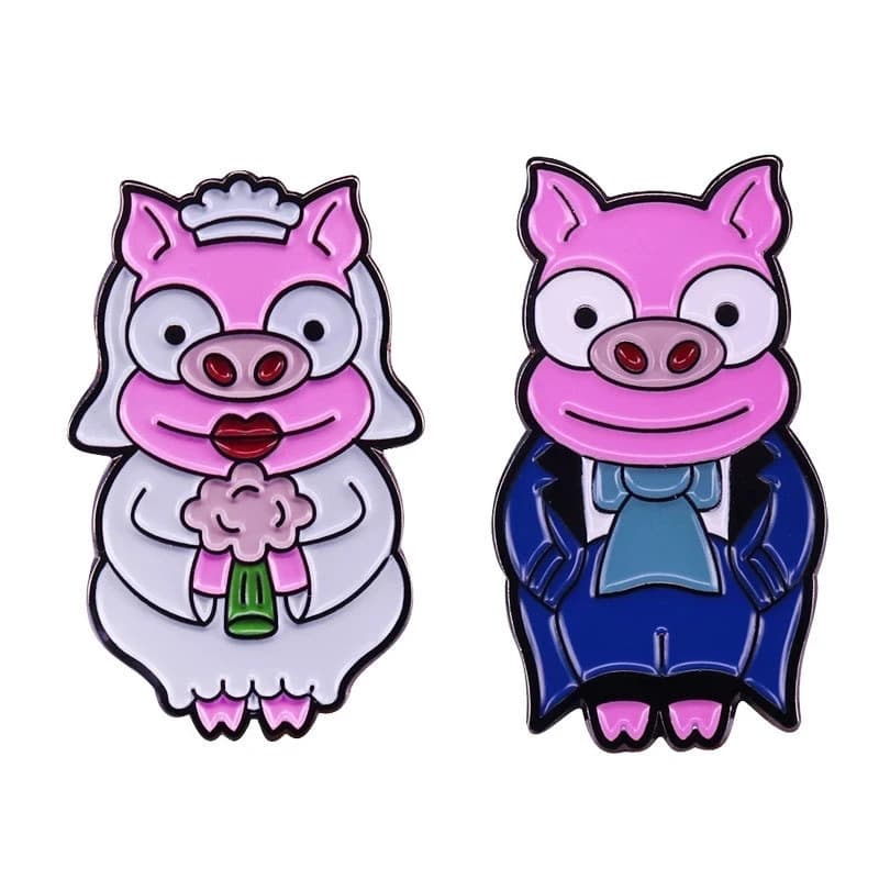 Accessoires pour robe de mariée, broche drôle de haute qualité, mignon Simpsons, épingle en émail, cochon, marié, mariée, Couple, Badge de mariage romantique