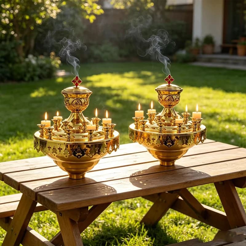 Candélabre d'église multi-bougies plaqué or avec détails en croix pour la liturgie orthodoxe et catholique