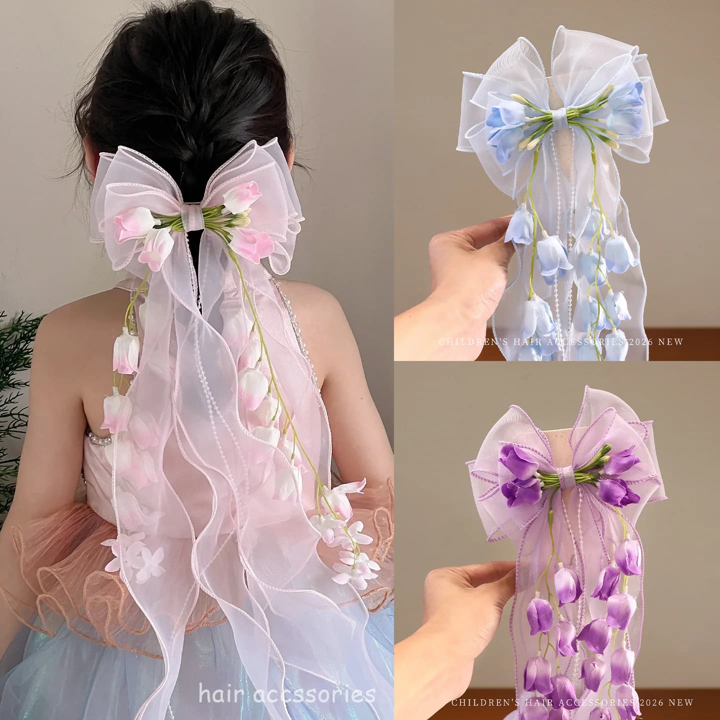 Pince à cheveux en forme de nœud en maille fleurie, accessoire pour cheveux de princesse des forêts pour enfants, pince à cheveux pour filles, accessoire pour cheveux tressé avec ruban