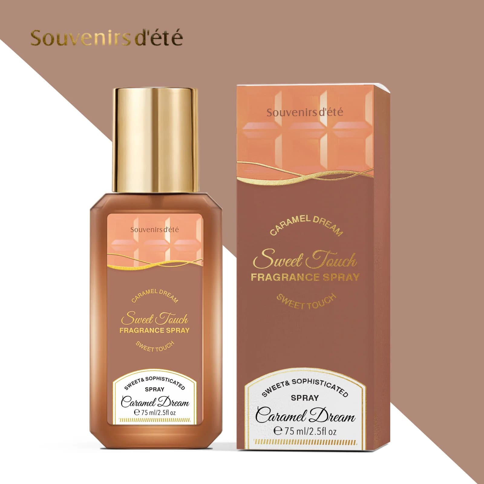 Spray parfumé Caramel Dream 75 ml, parfum longue durée, frais, floral, fruité, note gourmande, charme élégant, neutre, eau de toilette