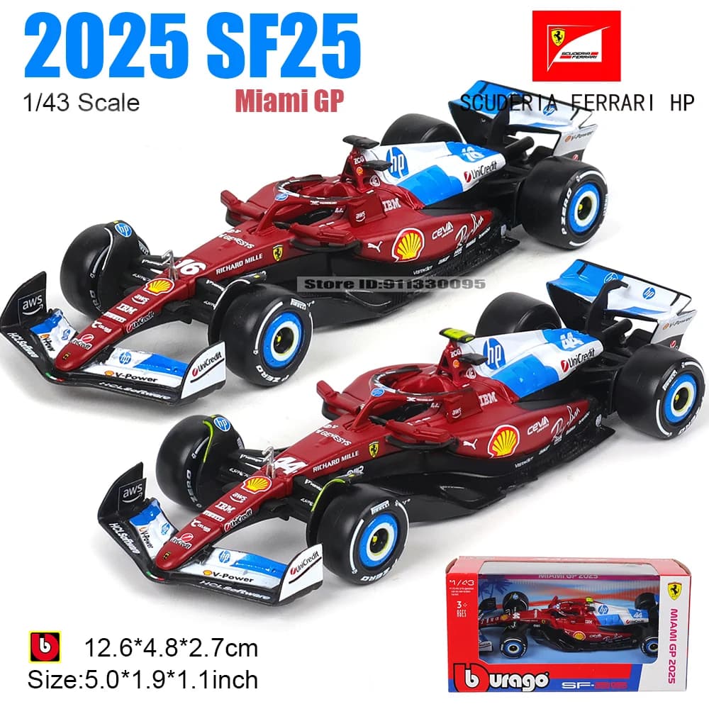 Bburago 1:43 2025 Grand Prix de Miami Ferrari SF25 # 16 Charles Leclerc # Modèle de voiture miniature en alliage de luxe Lewis Hamilton, série de jouets de collection