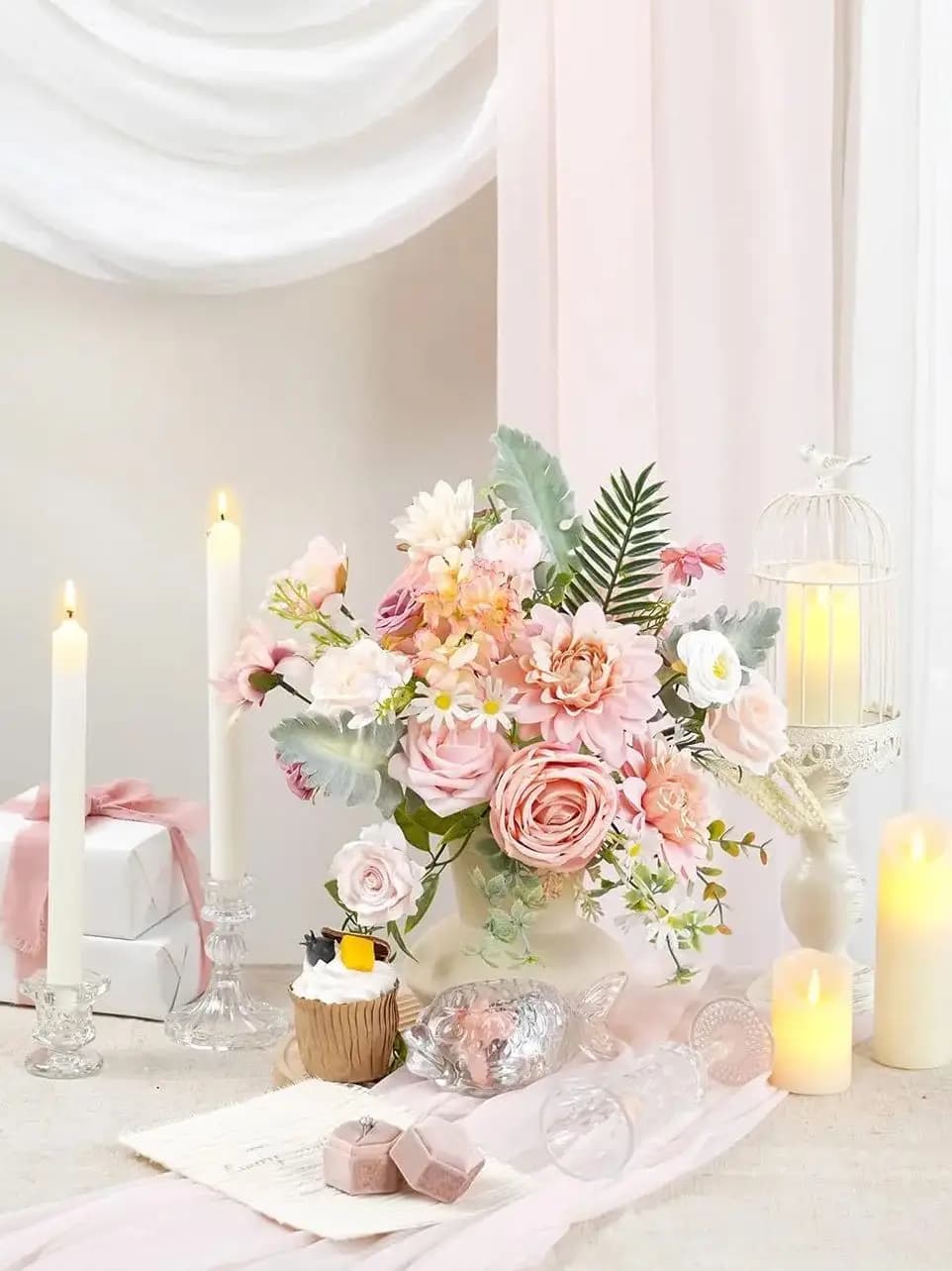 Coffret de fleurs artificielles roses, bouquet de mariée, pièce maîtresse DIY pour intérieur/extérieur, pour la décoration