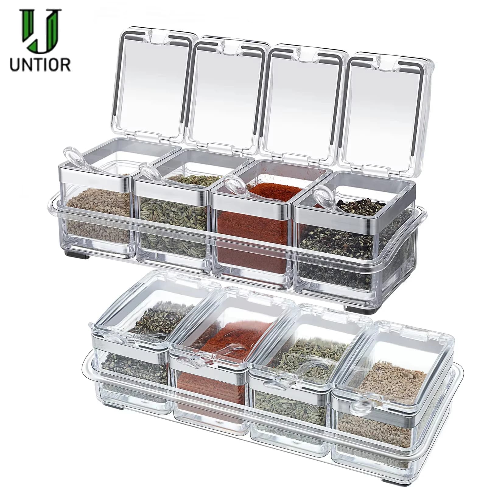 Boîte d'assaisonnement en acrylique gastronomique, accessoires de cuisine, avec 4 cuillères de service, ensemble de pots à épices, bouteille de Cruet à condiments, fournitures de cuisine