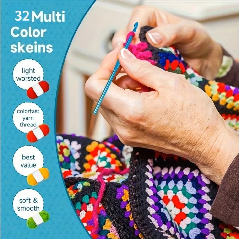 Kit de crochet 43 pièces avec 32 couleurs de fil acrylique, crochets ergonomiques et aiguilles à tricoter, sac portable pour débutants et adultes