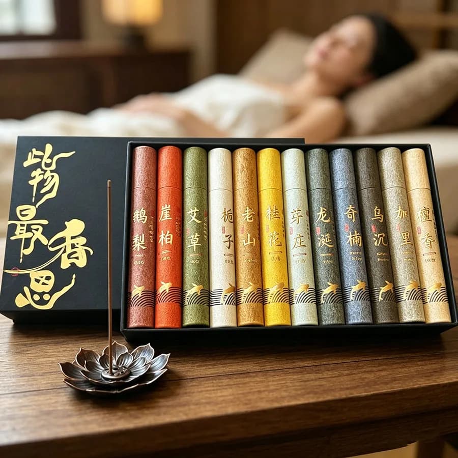 Coffret Cadeau d'Encens Parfumé Haut de Gamme - 12 Parfums pour la Relaxation Intérieure, le Soulagement du Stress, la Cérémonie du Thé Zen et l'Aromathérapie Longue Durée