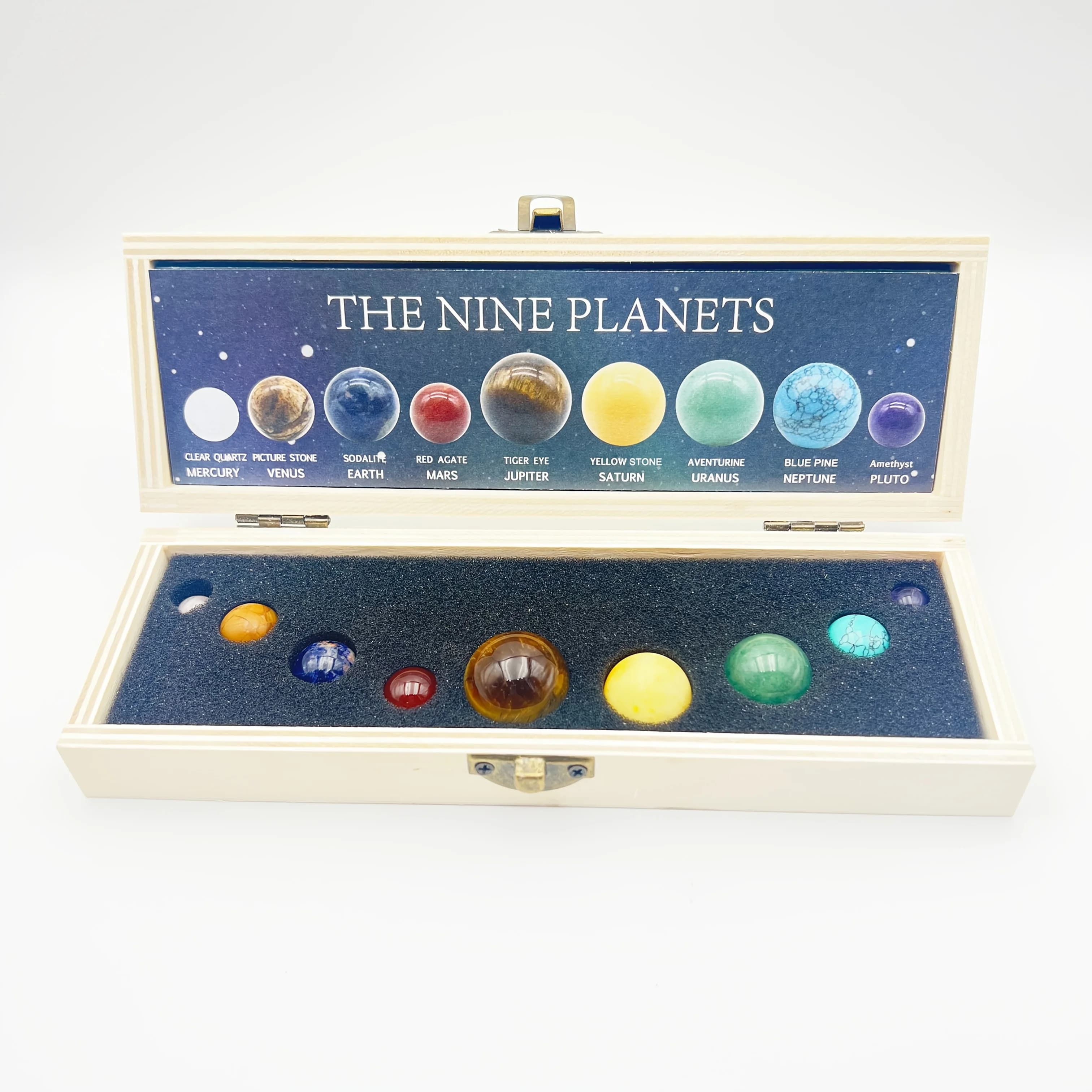 Coffret en bois de sphères en pierre naturelle des neuf planètes, ensemble de spécimens de pierres naturelles représentant les planètes du système solaire, cadeau idéal