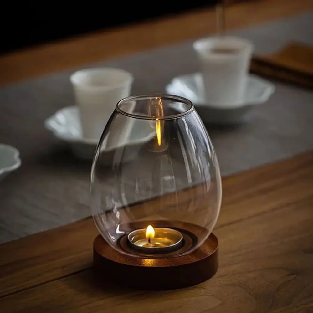 Bougeoirs en verre avec couvercle de tasse, bougeoirs ronds transparents, décoration de maison avec Base en bois, ornements de décoration de Table