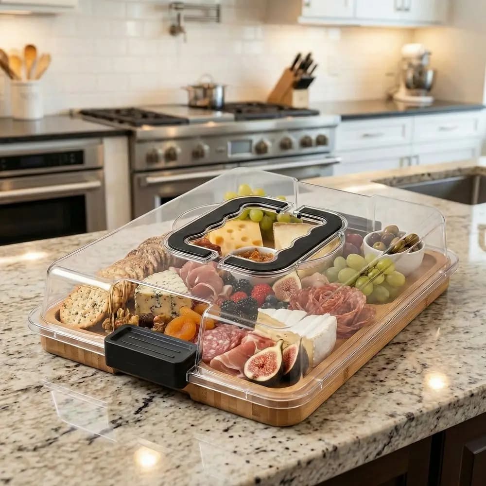 Planche à charcuterie portable en bois avec couvercle carré en acrylique transparent, plateau à fromage durable, plateau à biscuits et snacks, camping