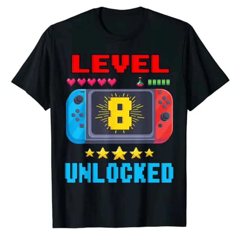 T-Shirt de 8e anniversaire pour garçon, débloqué, niveau 8, pour joueur vidéo, cadeau d'anniversaire pour fils, amoureux, graphique, mignon, tenue de jour B