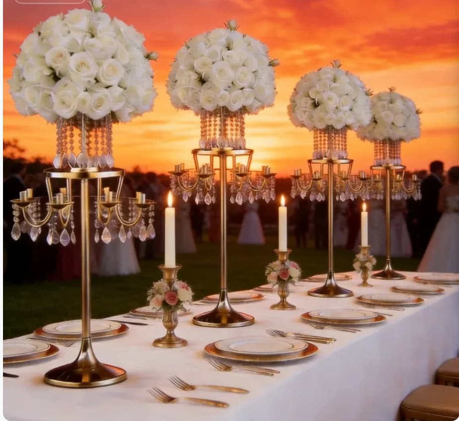 Lot de 4 chandeliers en métal doré à 8 bras - Porte-bougie en cristal