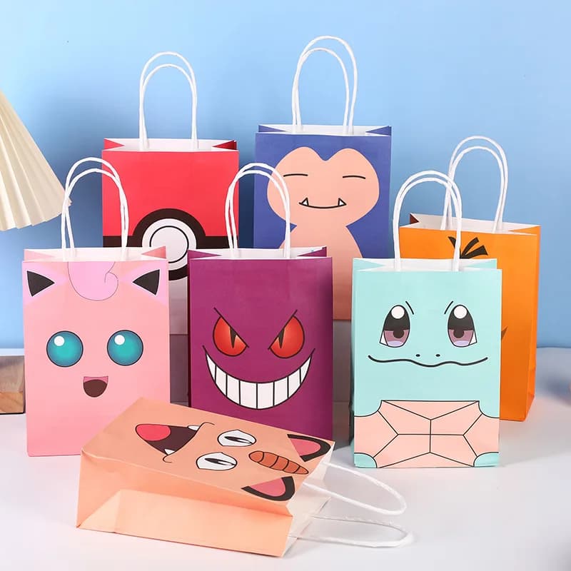 Sac d'emballage d'anniversaire Pokémon Kawaii, sac en papier kraft à poignée pour friandises, emballage à thème, fournitures de fête, cadeau