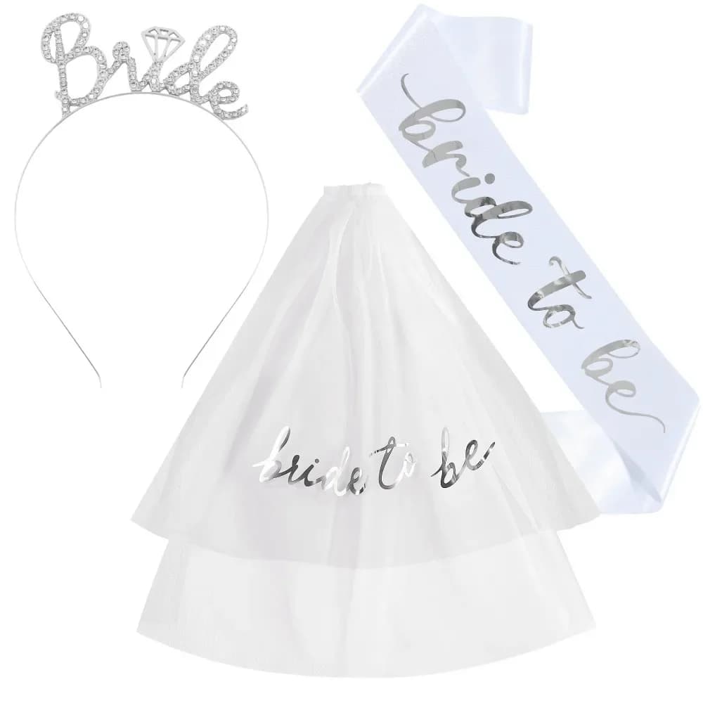 Ensemble de 3 accessoires pour fête de mariée, ceinture de mariée avec diadème et voile pour décorations de fête de mariage, enterrement de vie de jeune fille