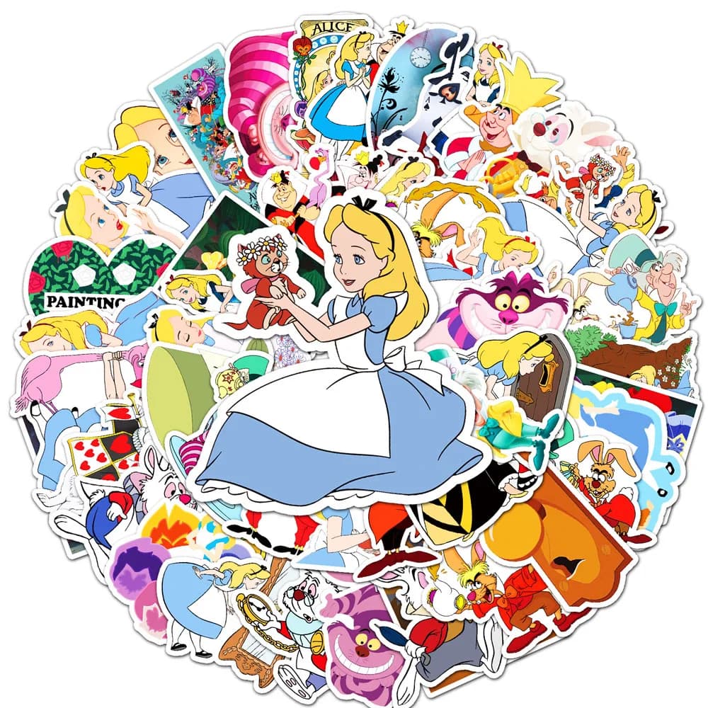 Autocollants de dessin animé Disney Alice au pays des merveilles, 10/30/50 pièces, Graffiti Kawaii, papeterie pour téléphone, journal, décoration mignonne, jouets, cadeaux