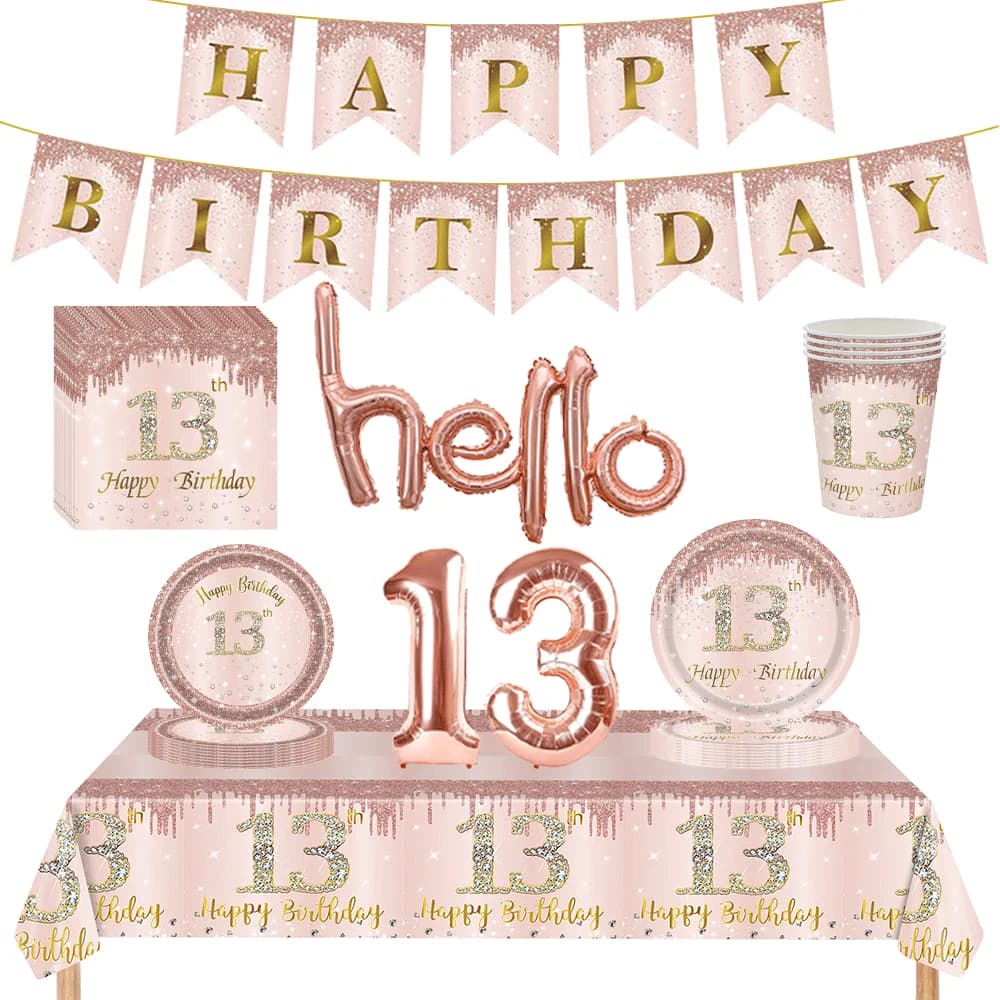 Décorations pour filles de 13e anniversaire, assiettes joyeux anniversaire, serviettes, bannière, ballon hello13, fournitures de fête d'anniversaire pour filles de 13 ans